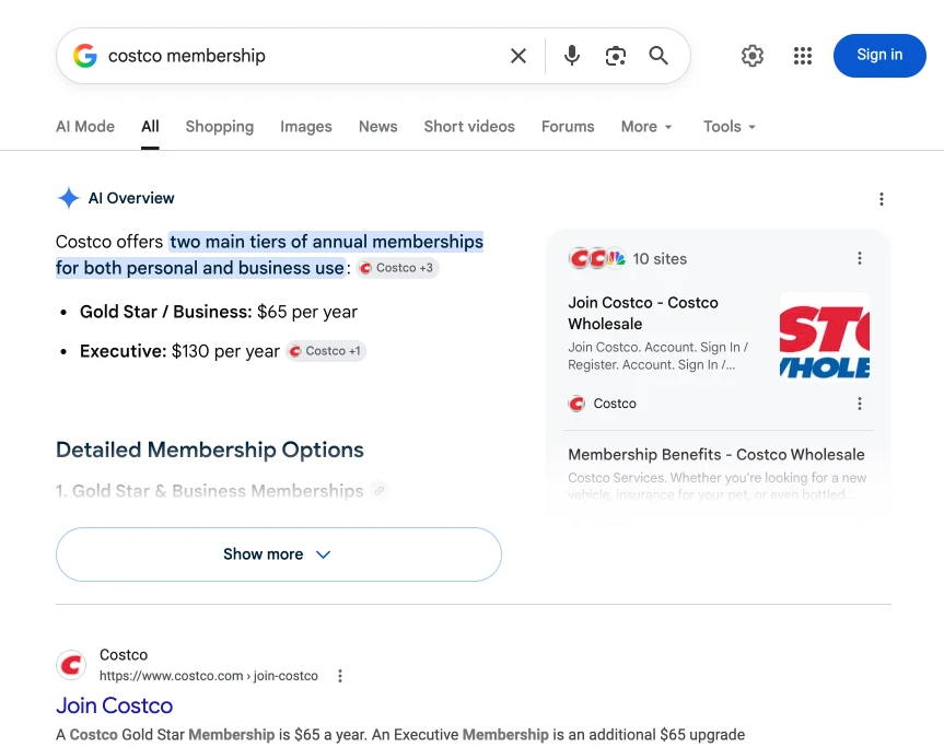 Google search for 'costco membership' buried under an AI Overview, ads, and other results