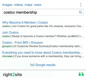 Right2site overlay widget showing the AI summary and the next top results